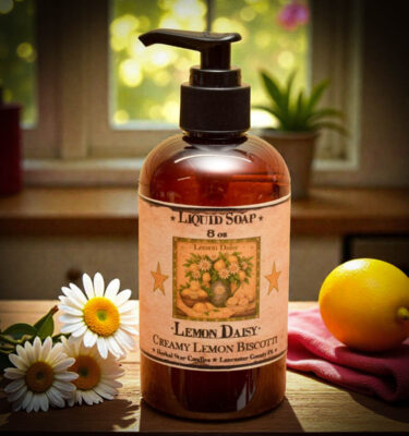 Lemon Daisy liquid soap 8 oz bottle with creamy lemon biscotti scent