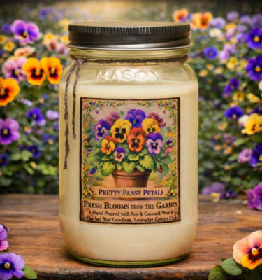 Pretty Pansy Petals 16 oz soy candle with floral label and fresh garden scent
