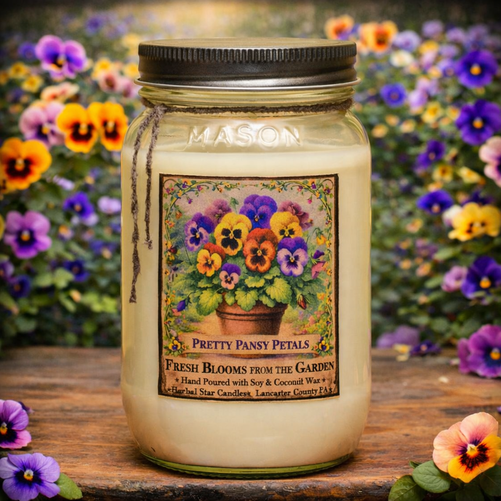 Pretty Pansy Petals 16 oz soy candle with floral label and fresh garden scent