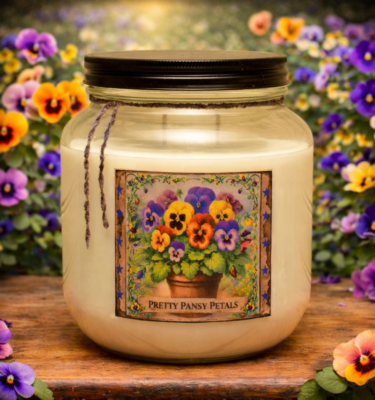 Pretty Pansy Petals 64 oz soy candle with floral folk art label