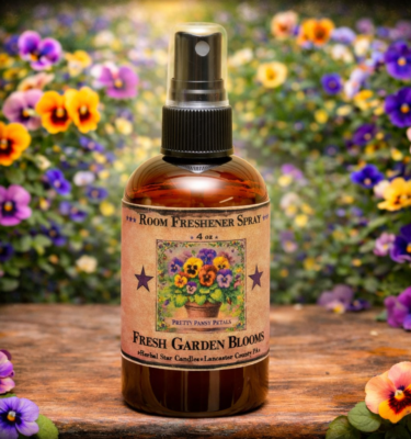 Pretty Pansy Petals room spray bottle with fresh garden blooms label