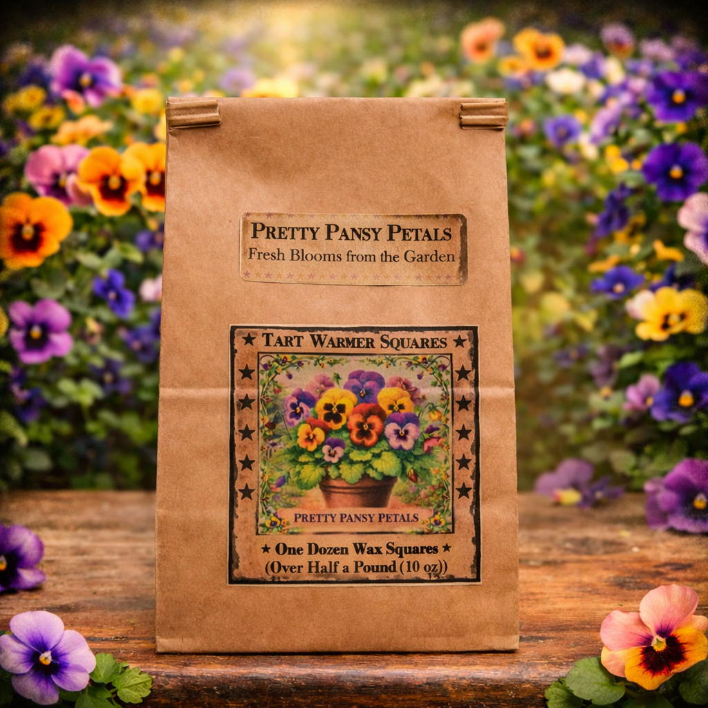 Pretty Pansy Petals wax tart squares packaged in a brown kraft bag with floral label