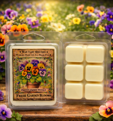 Pretty Pansy Petals mini wax tarts in breakaway clamshell with floral label