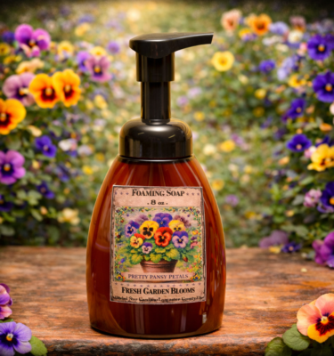 Pretty Pansy Petals foaming soap bottle with vintage floral label