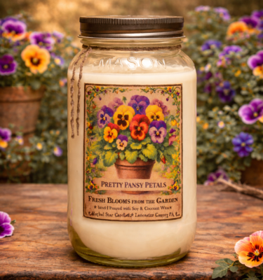 Pretty Pansy Petals 24 oz soy candle in mason jar with floral folk art label
