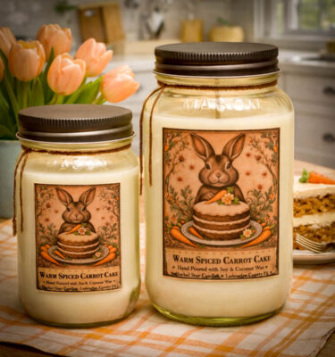 Warm Spiced Carrot Cake candle and home fragrance collection with bunny label on farmhouse kitchen table