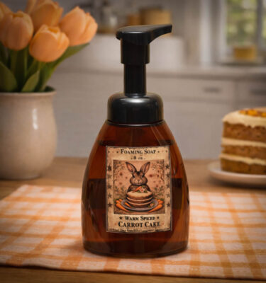 Warm Spiced Carrot Cake foaming soap 8 oz bottle with bunny label