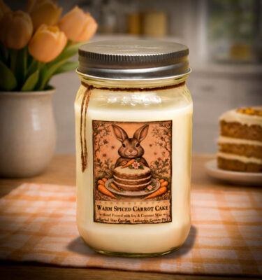 Warm Spiced Carrot Cake 16 oz mason jar candle with bunny label on kitchen table