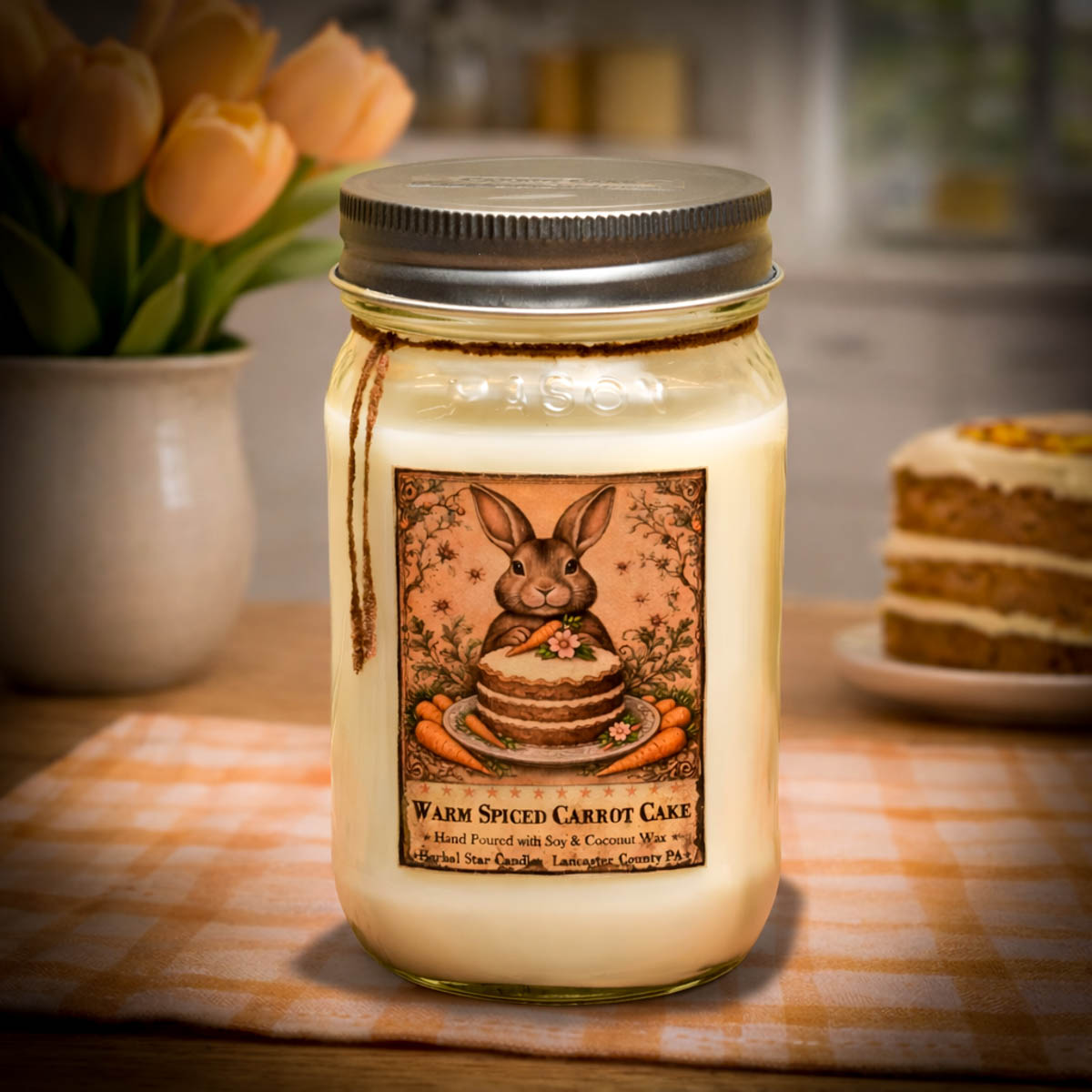 Warm Spiced Carrot Cake 16 oz mason jar candle with bunny label on kitchen table
