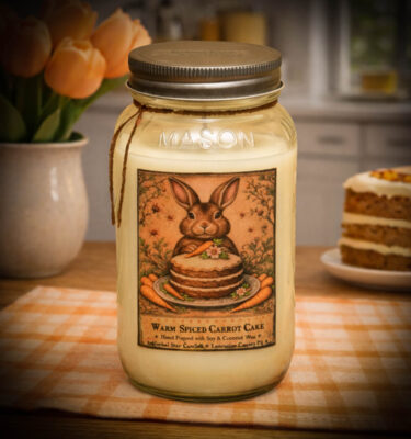 24 oz Warm Spiced Carrot Cake mason jar candle with bunny label on farmhouse kitchen table