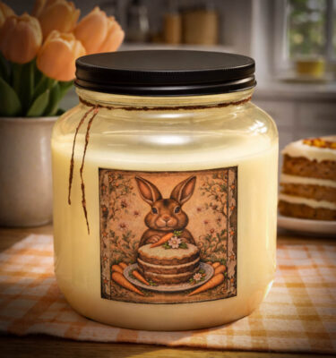 64 oz Warm Spiced Carrot Cake two wick half gallon mason jar candle with bunny label