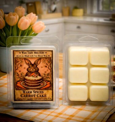 Warm Spiced Carrot Cake mini wax tarts 6 pack clamshell with bunny label