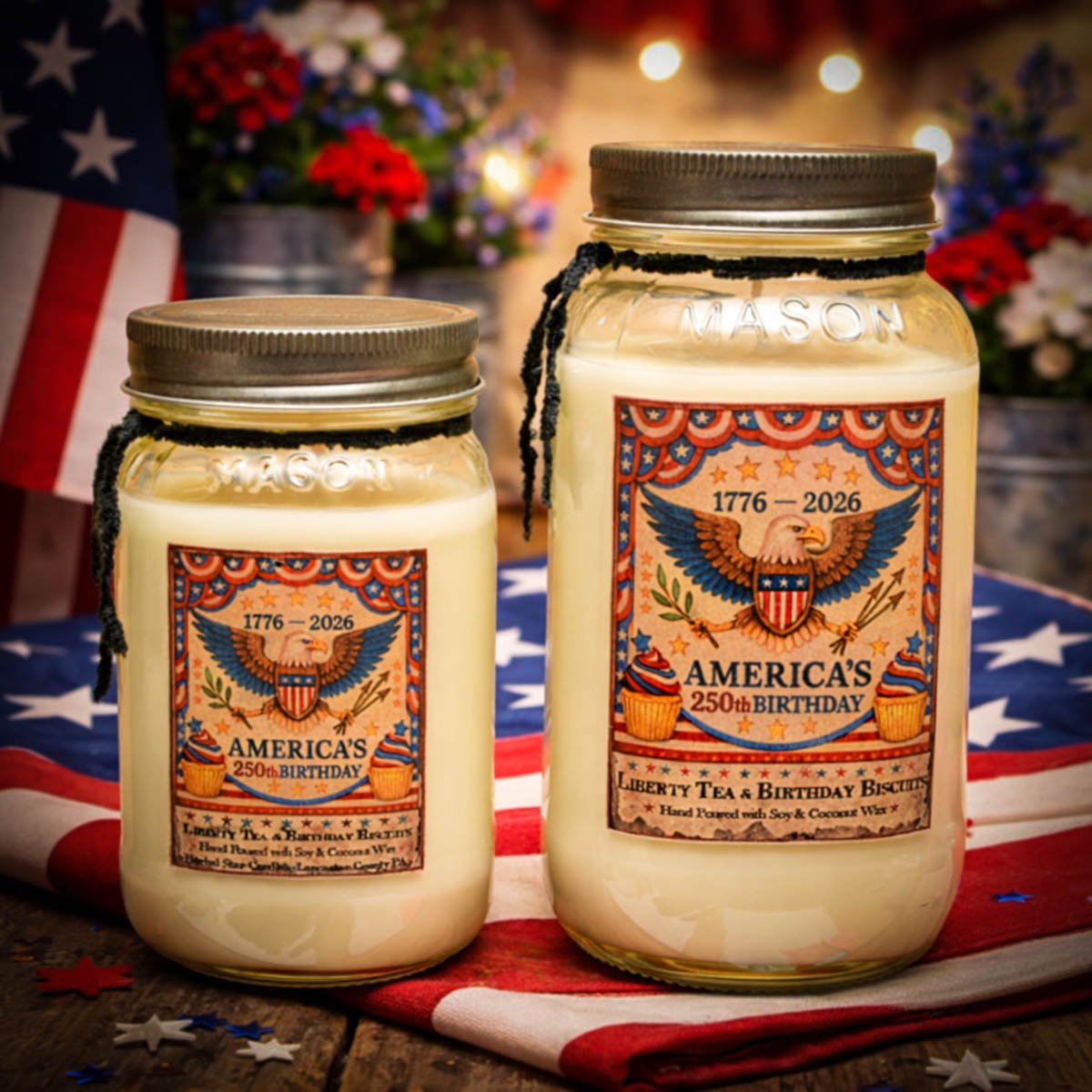 Liberty Tea and Birthday Biscuits candles Americana eagle design patriotic candle collection