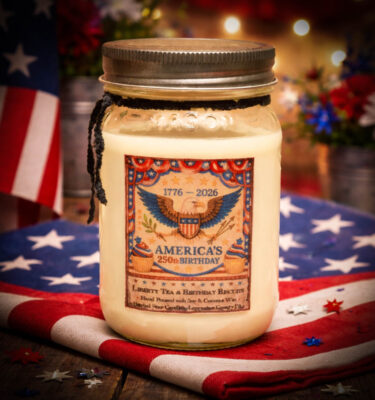 Liberty Tea and Birthday Biscuits 16 oz patriotic eagle candle jar