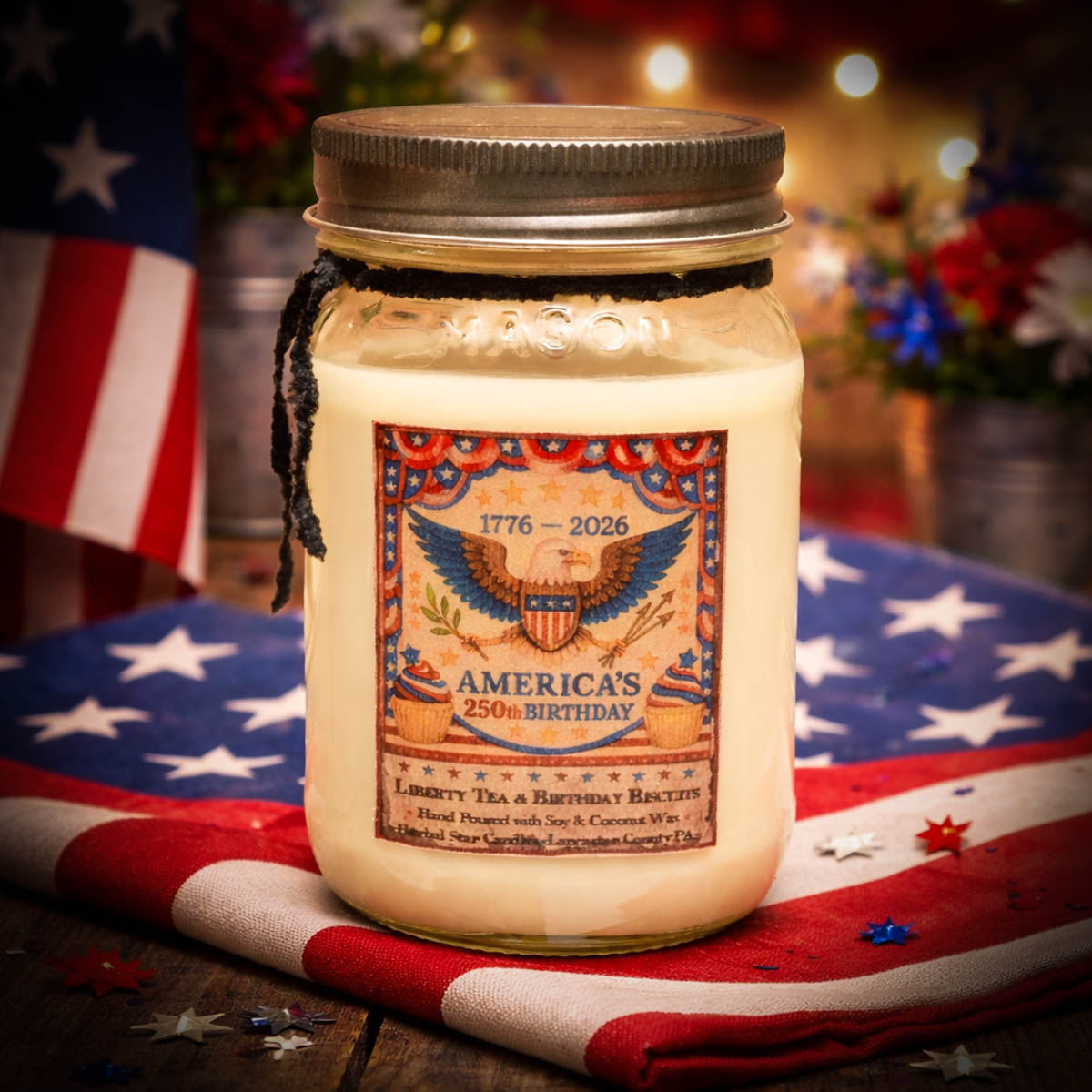 Liberty Tea and Birthday Biscuits 16 oz patriotic eagle candle jar