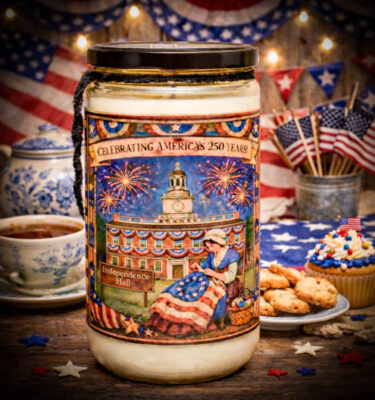 Betsy Ross patriotic candle 28 oz wrap label Independence Hall America 250