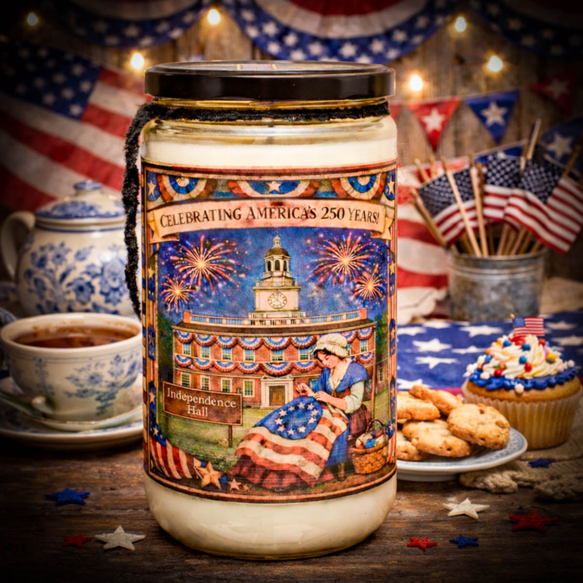 Betsy Ross patriotic candle 28 oz wrap label Independence Hall America 250
