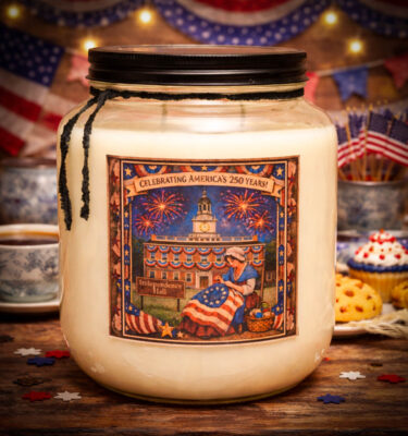 Liberty Tea and Birthday Biscuits 64 oz Betsy Ross patriotic candle jar