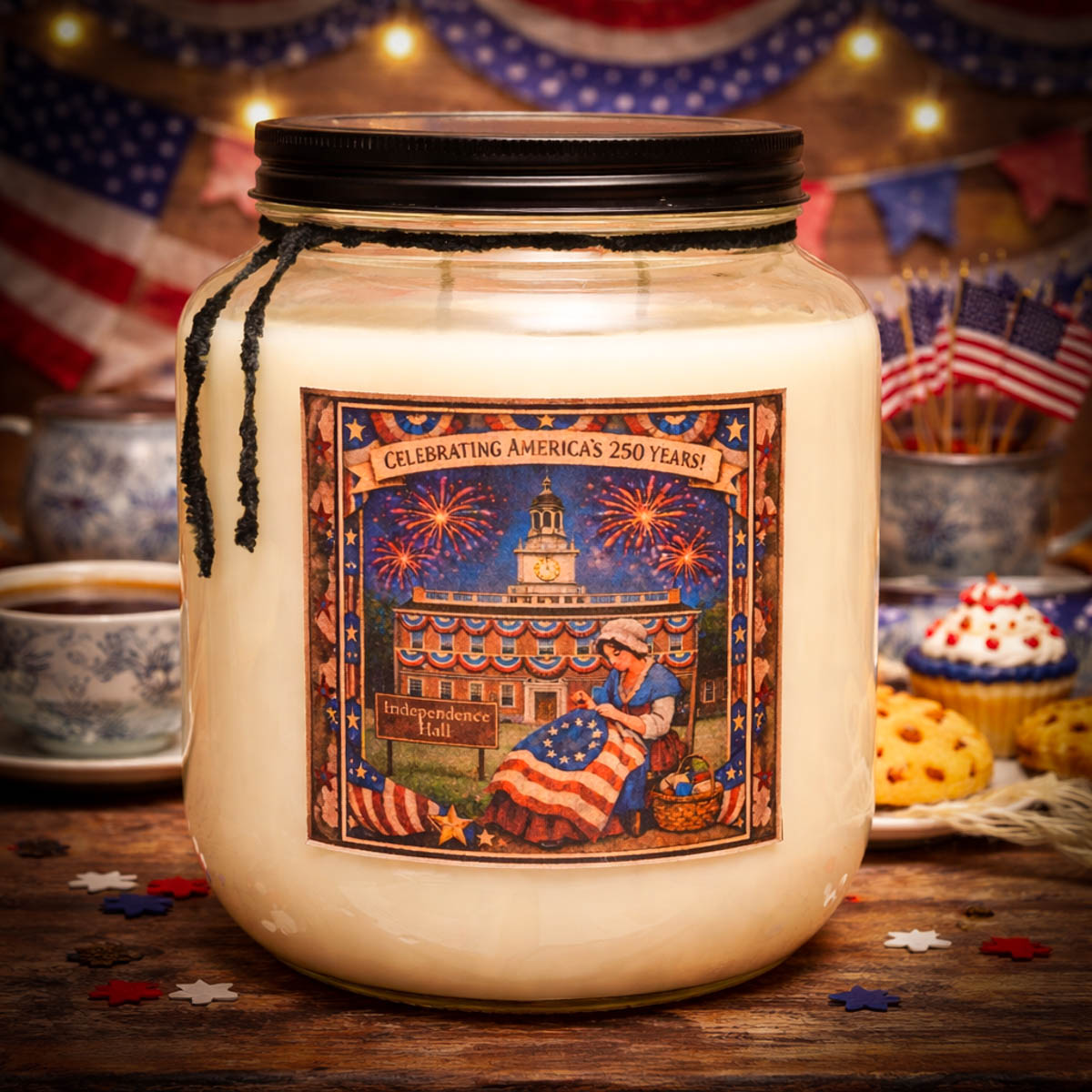 Liberty Tea and Birthday Biscuits 64 oz Betsy Ross patriotic candle jar