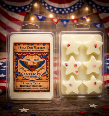 Liberty Tea and Birthday Biscuits star wax tarts with American flags
