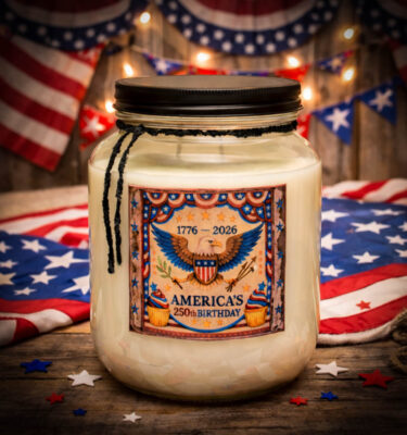 Liberty Tea and Birthday Biscuits 64 oz patriotic eagle candle jar