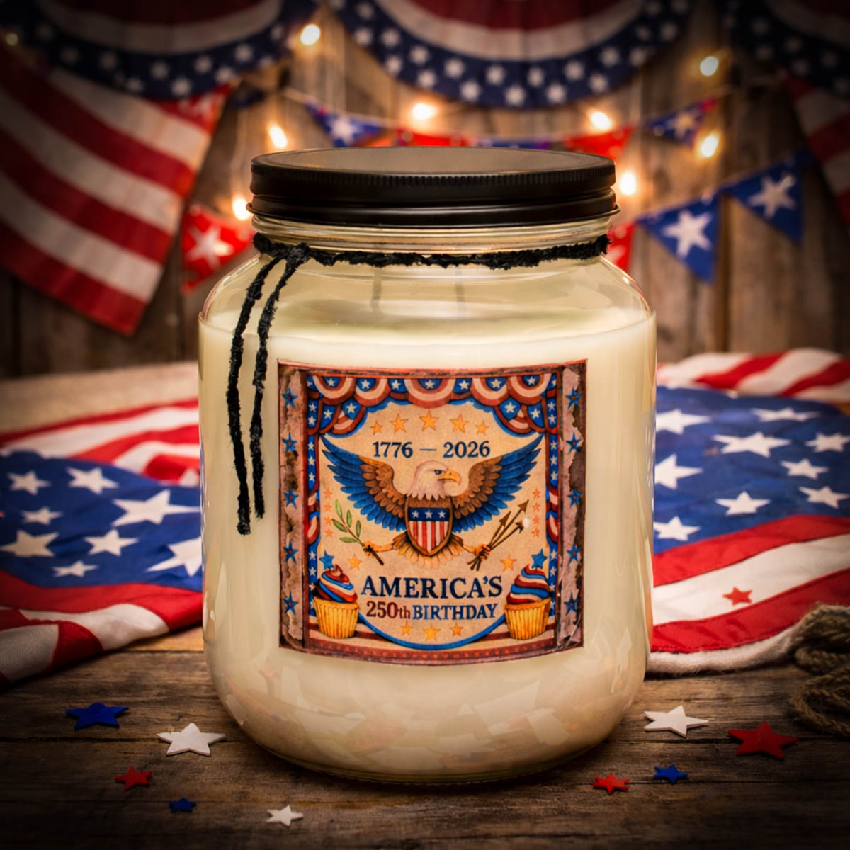 Liberty Tea and Birthday Biscuits 64 oz patriotic eagle candle jar