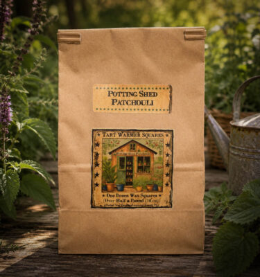 Potting Shed Patchouli Bag of 12 Wax Tarts with rustic garden inspired background by Herbal Star Candles