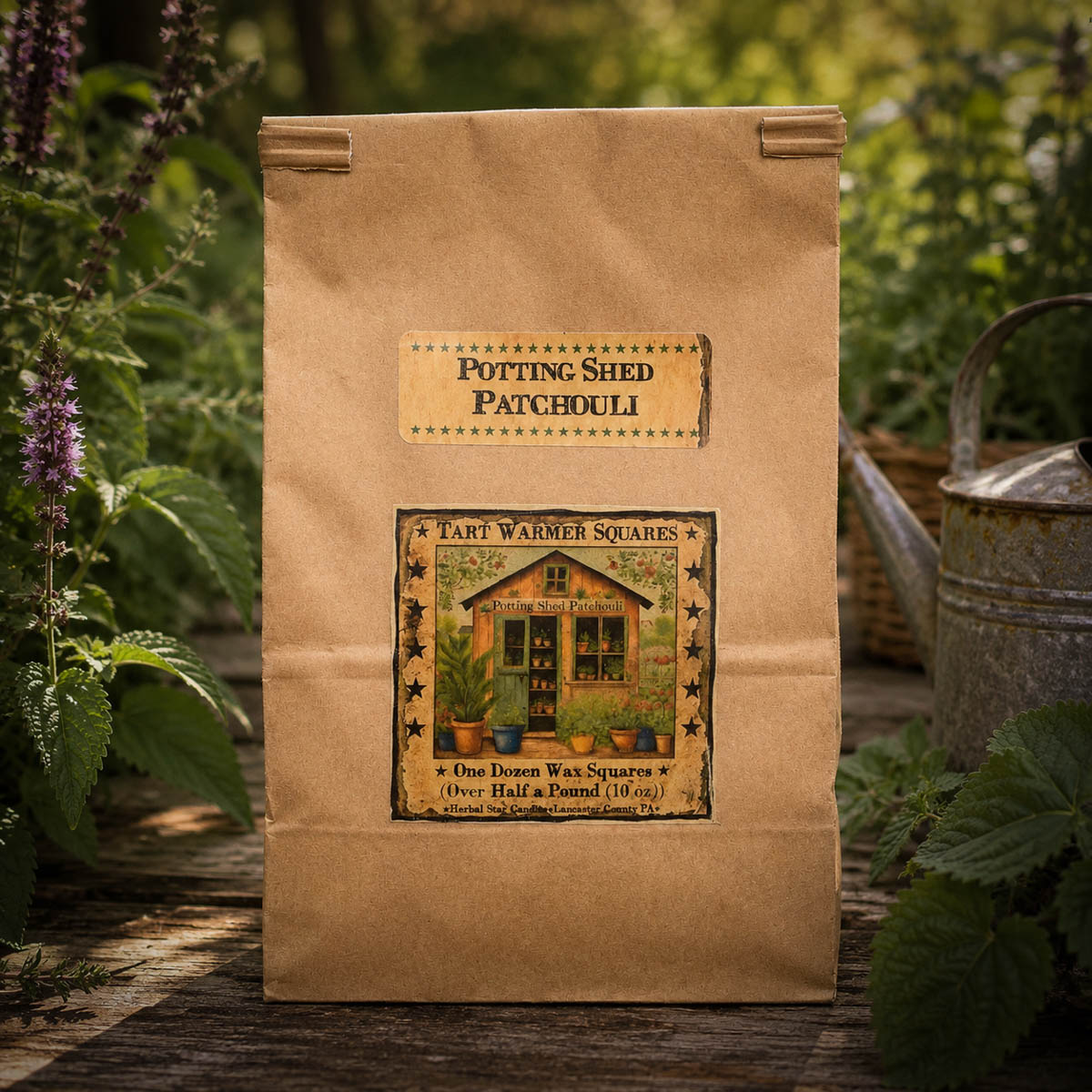 Potting Shed Patchouli Bag of 12 Wax Tarts with rustic garden inspired background by Herbal Star Candles