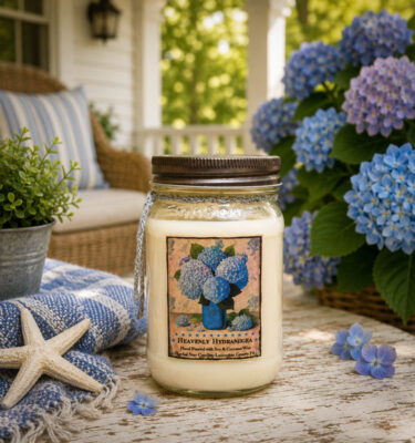 Heavenly Hydrangea candle in a 16 oz mason jar featuring fresh hydrangea blooms, soft florals, and gentle coastal air fragrance.