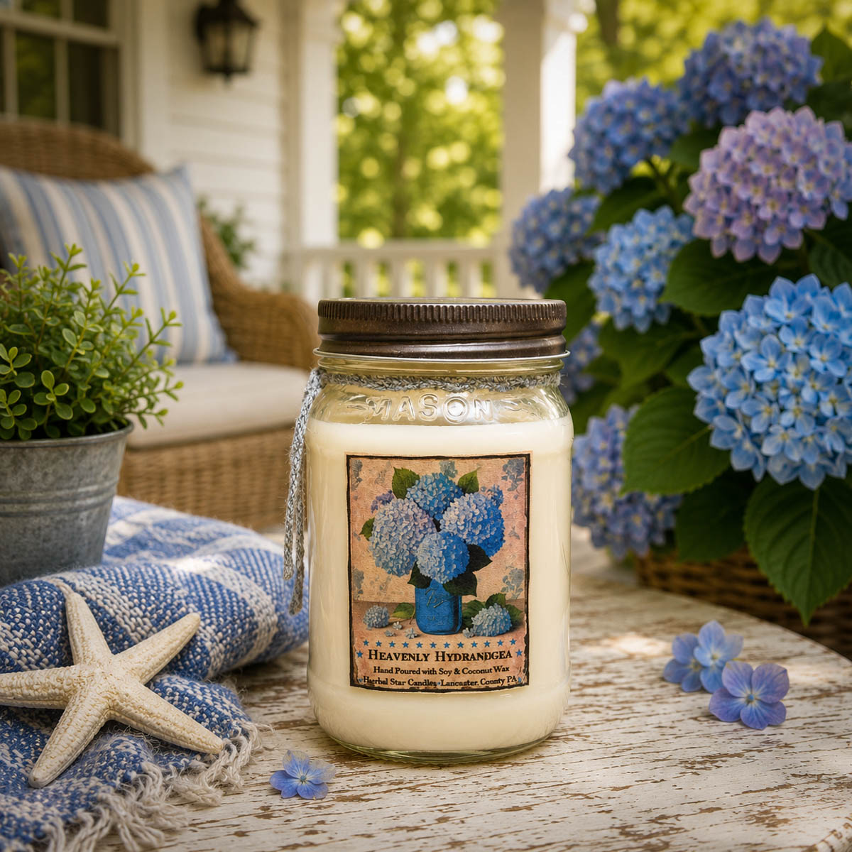 Heavenly Hydrangea candle in a 16 oz mason jar featuring fresh hydrangea blooms, soft florals, and gentle coastal air fragrance.