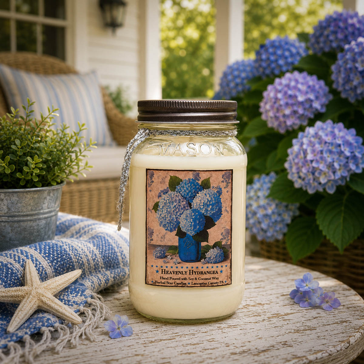 Heavenly Hydrangea 24 oz candle in a mason jar featuring fresh hydrangea blooms, soft powdery florals, and gentle coastal air fragrance.