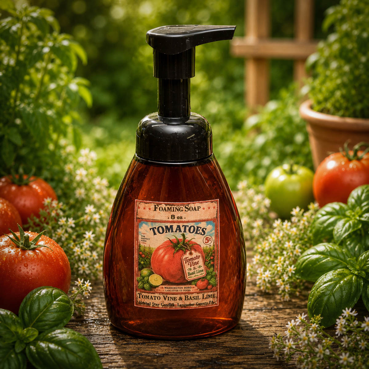 Tomato Vine Foaming Soap with basil and tomatoes in garden setting