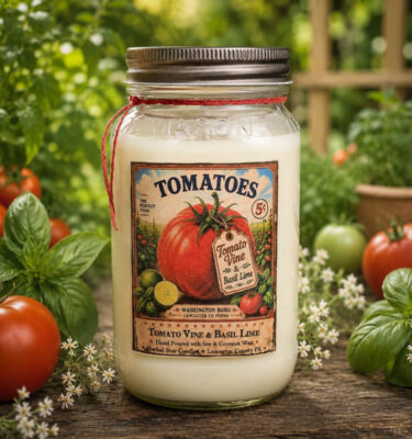 Tomato Vine Candle 24 oz mason jar in garden setting