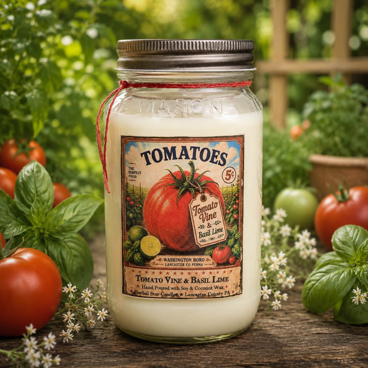 Tomato Vine Candle 24 oz mason jar in garden setting