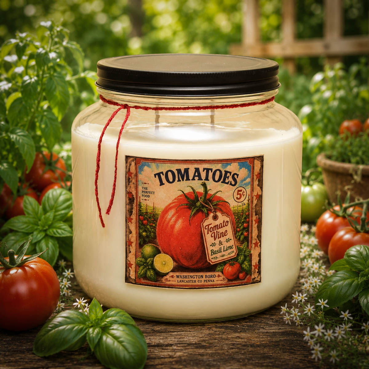 Tomato Vine Mason Jar Candle 64 oz garden background