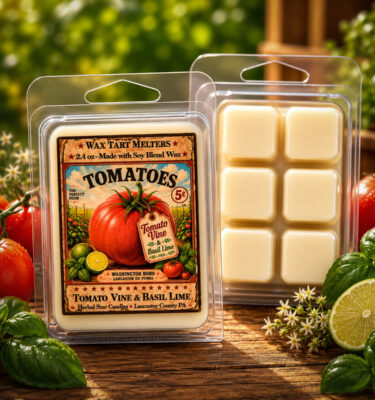 Tomato Vine Wax Melts clamshell tart melters with tomato vine and basil lime fragrance
