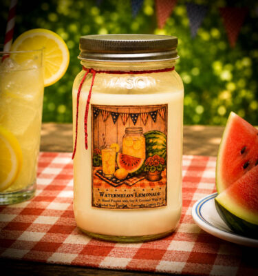 Watermelon Lemonade Mason Jar Candle in a 16 oz mason jar with juicy watermelon and iced lemonade summer fragrance by Herbal Star Candles