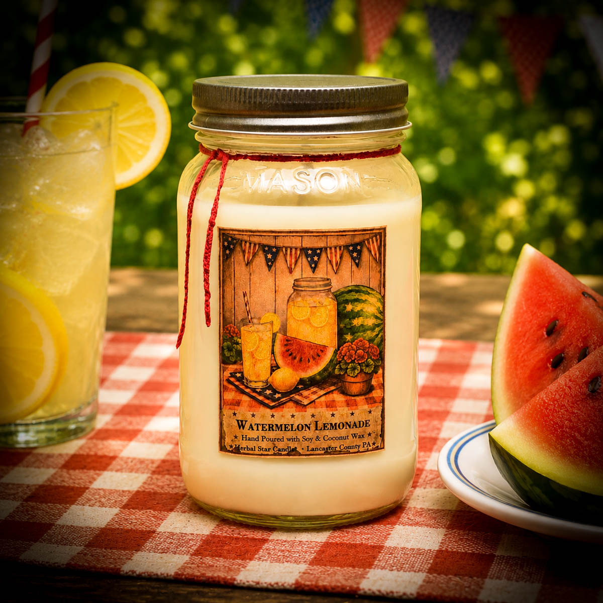 Watermelon Lemonade Mason Jar Candle in a 16 oz mason jar with juicy watermelon and iced lemonade summer fragrance by Herbal Star Candles