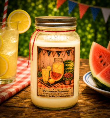 Watermelon Lemonade 24 oz Mason Jar Candle with juicy watermelon and iced lemonade summer fragrance by Herbal Star Candles