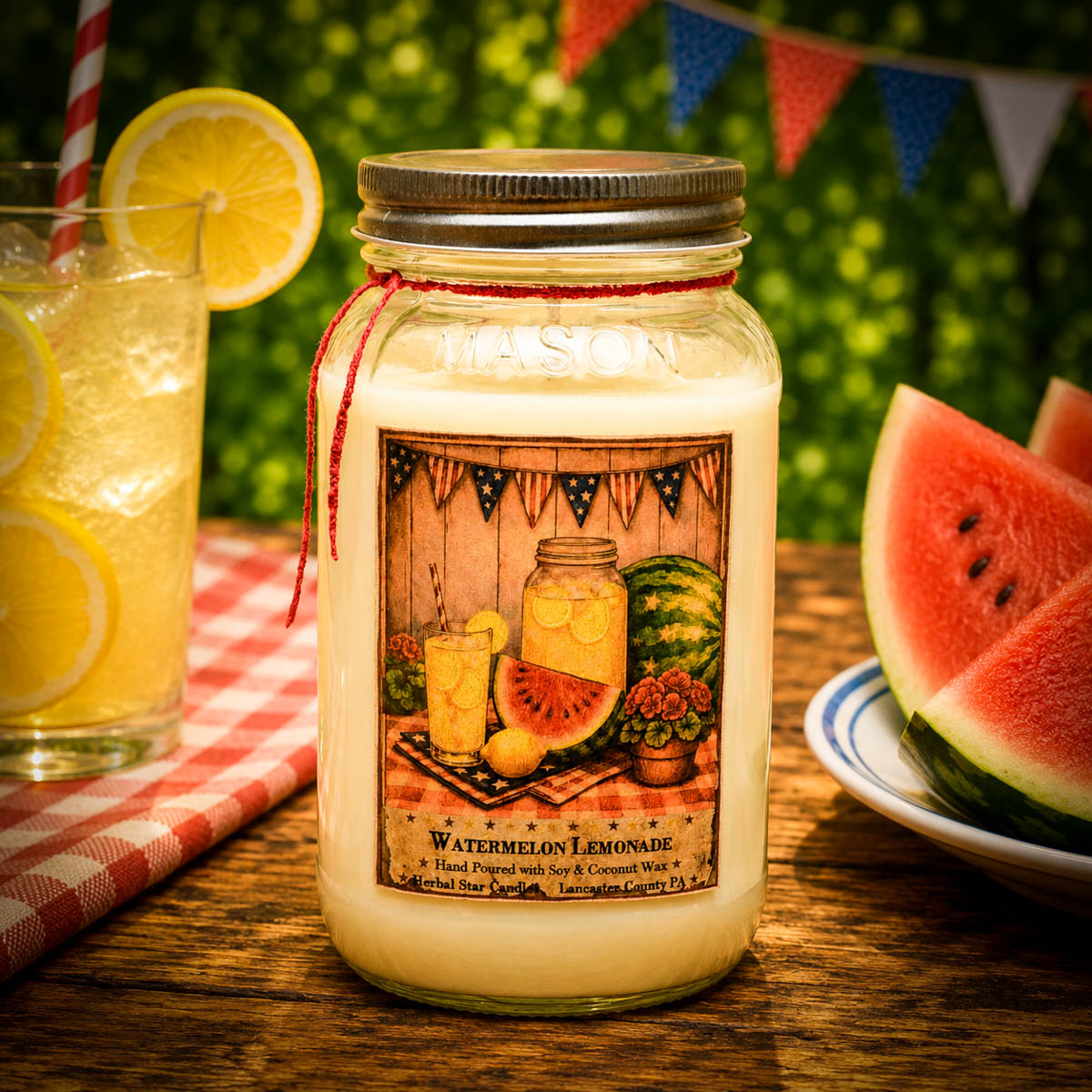 Watermelon Lemonade 24 oz Mason Jar Candle with juicy watermelon and iced lemonade summer fragrance by Herbal Star Candles