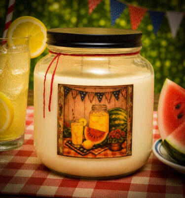 Watermelon Lemonade 64 oz two-wick candle with juicy watermelon and iced lemonade fragrance by Herbal Star Candles