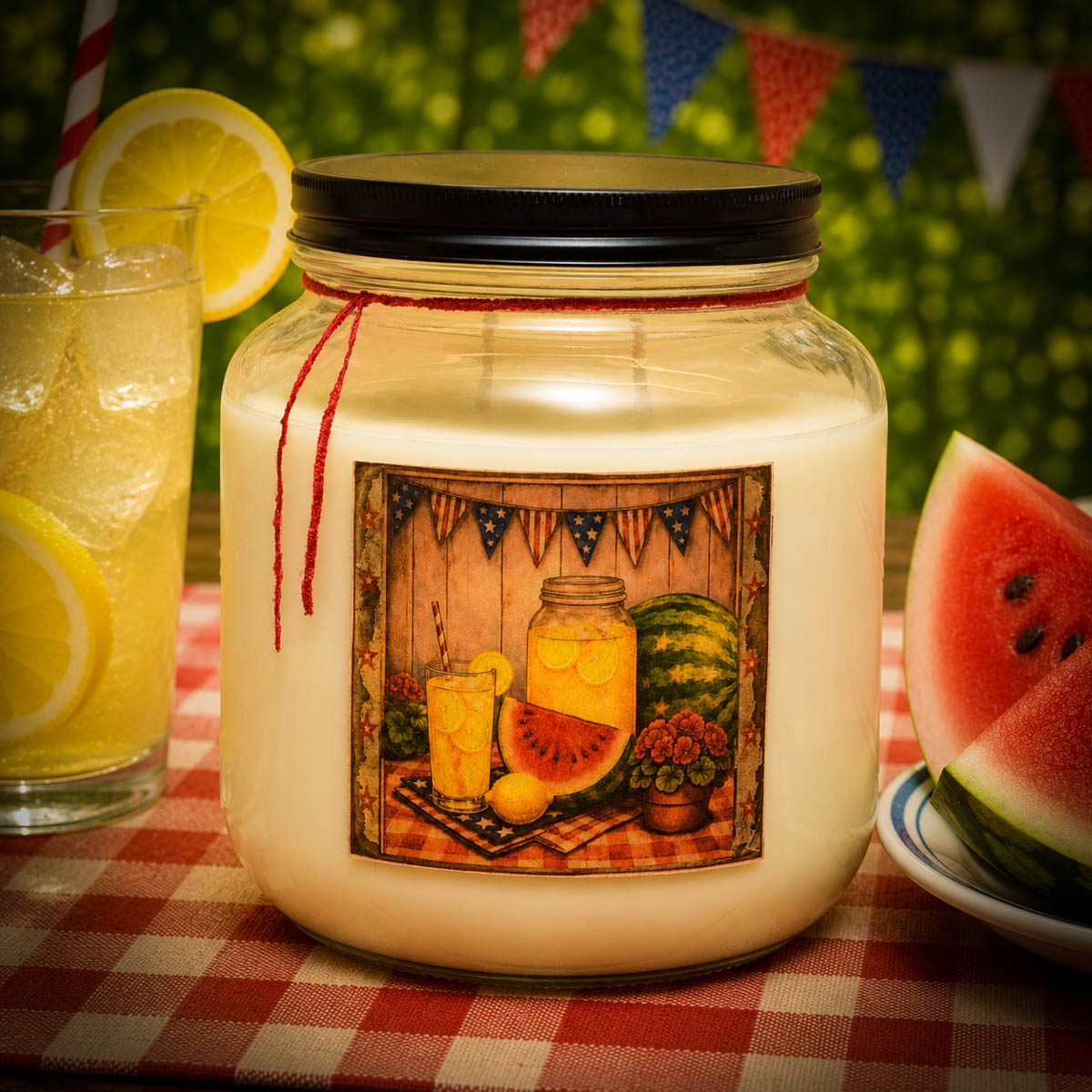 Watermelon Lemonade 64 oz two-wick candle with juicy watermelon and iced lemonade fragrance by Herbal Star Candles