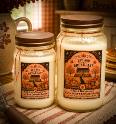 Bed and Breakfast candle collection displayed in a cozy farmhouse kitchen with pancakes, autumn florals, and rustic country decor.