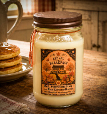 Bed and Breakfast 16 oz mason jar candle with maple syrup and cinnamon butter fragrance displayed on a rustic farmhouse breakfast table with pancakes and country kitchen decor.