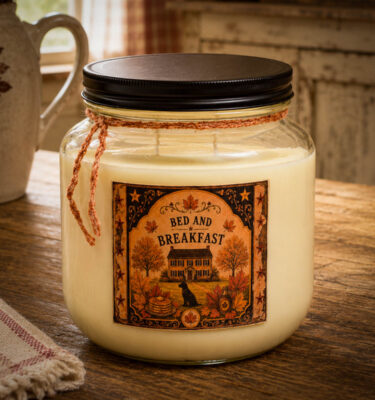 64 oz Bed & Breakfast Candle with black lid and folk art label of black lab, pumpkins, and autumn leaves. Maple syrup & cinnamon butter scent.