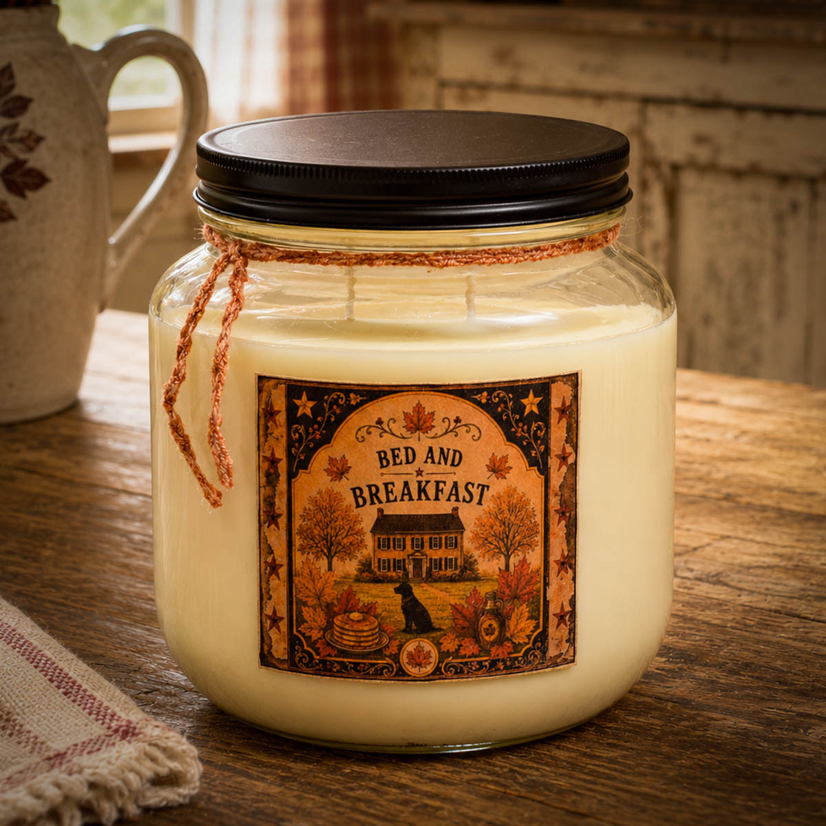 64 oz Bed & Breakfast Candle with black lid and folk art label of black lab, pumpkins, and autumn leaves. Maple syrup & cinnamon butter scent.