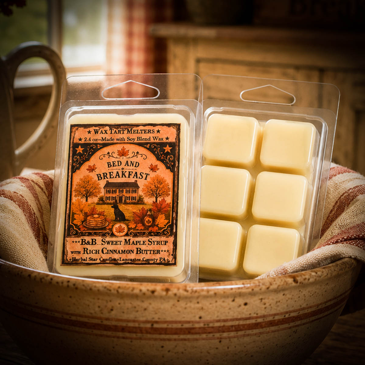 Bed and Breakfast Mini Tarts wax melts displayed in a rustic farmhouse mixing bowl with vintage kitchen decor.