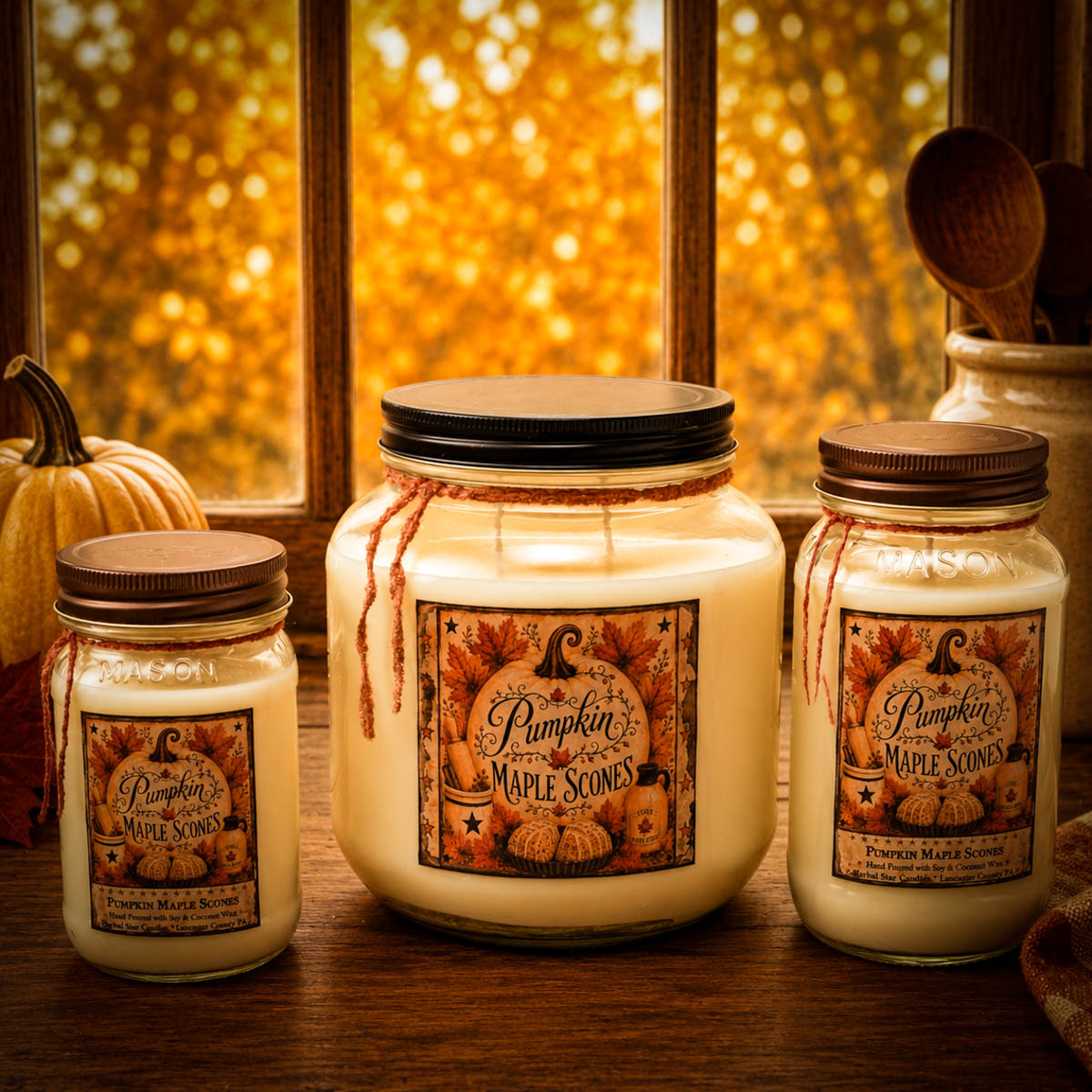 Pumpkin Maple Scones mason jar candles in 16 oz, 24 oz, and 64 oz sizes with sweet pumpkin, maple syrup, and buttery vanilla scone fragrance.