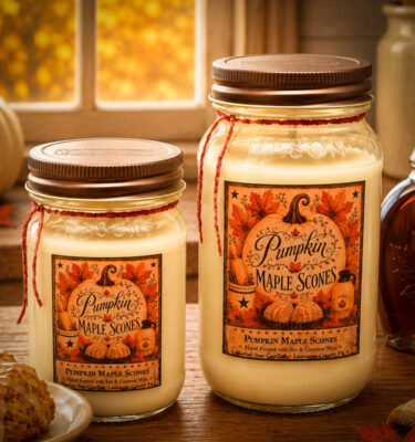 Pumpkin Maple Scones fragrance collection including candles, wax melts, room spray, liquid soap, and foaming hand soap.