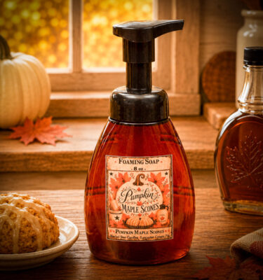 Pumpkin Maple Scones foaming hand soap in an 8 oz foamer bottle scented with pumpkin purée, maple syrup, vanilla scones, cinnamon, and brown sugar.